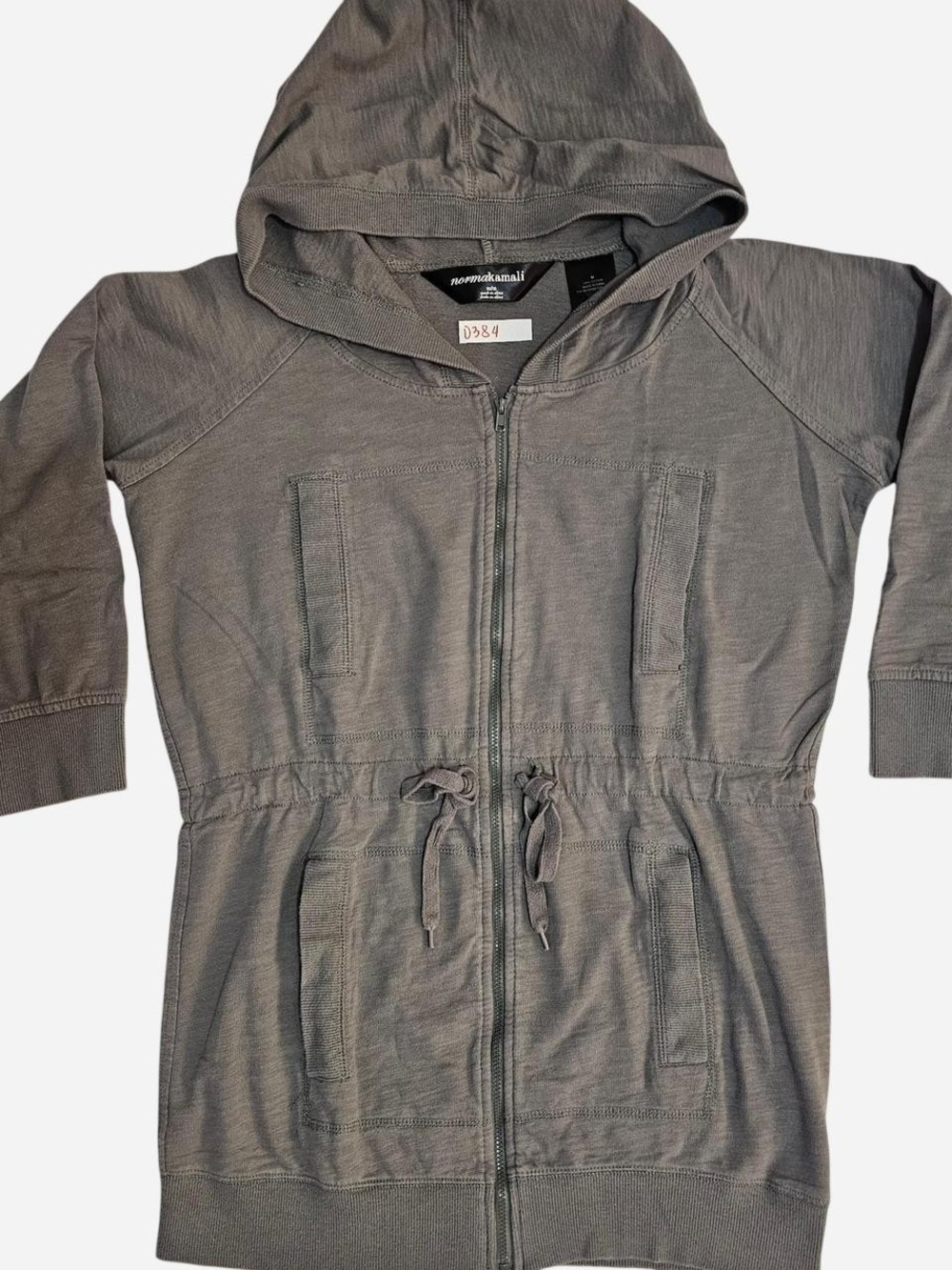 Norma Kamali Gray Hooded Drawstring Zip Front Sweatshirt Jacket
